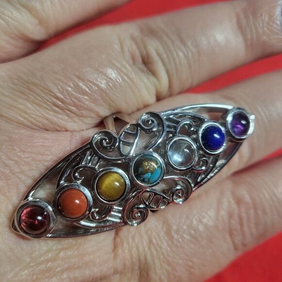 Multi Gemstone Seven Chakra Elongated Silver Ring - Picture 2 of 7
